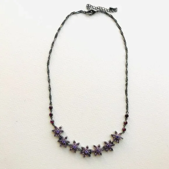 Vintage Dark Silver Necklace & Earrings Set w/ Faux Amethyst Flowers - Picture 3 of 5